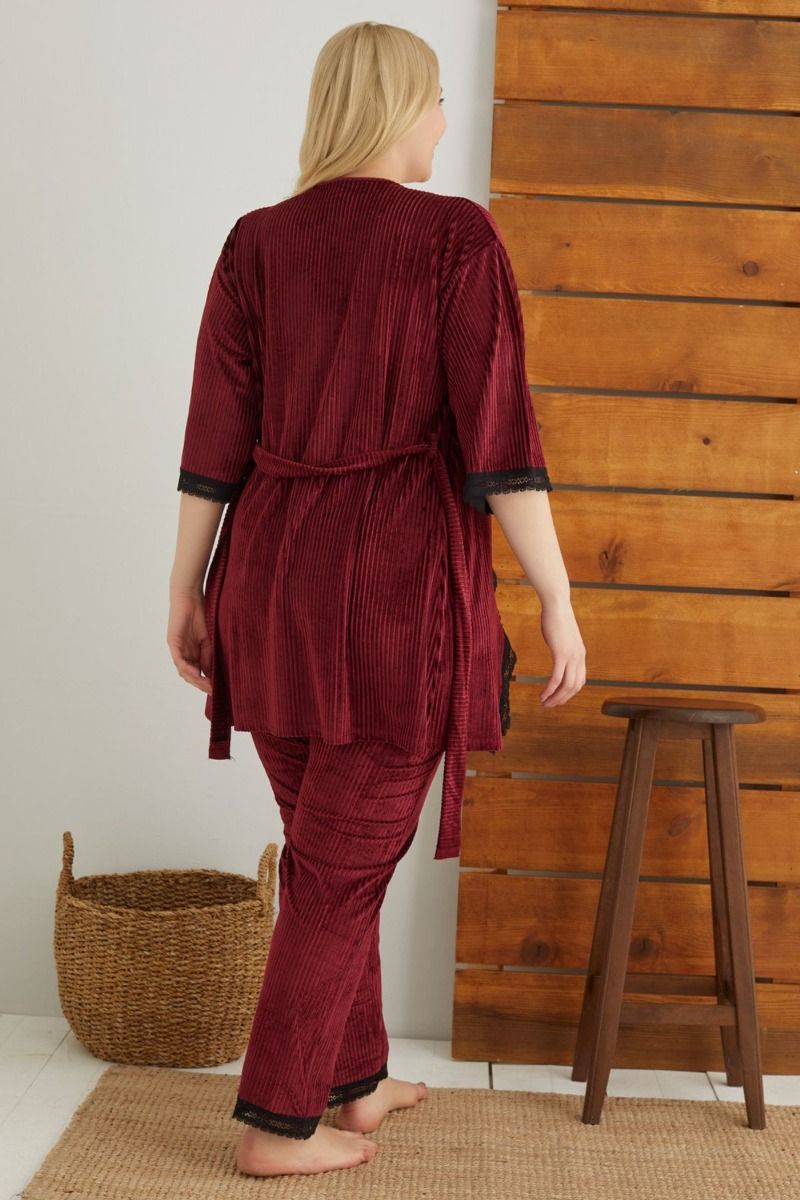 Γυναικεία velvet πιτζάμα plus size με ρόμπα siyah inci BORDO