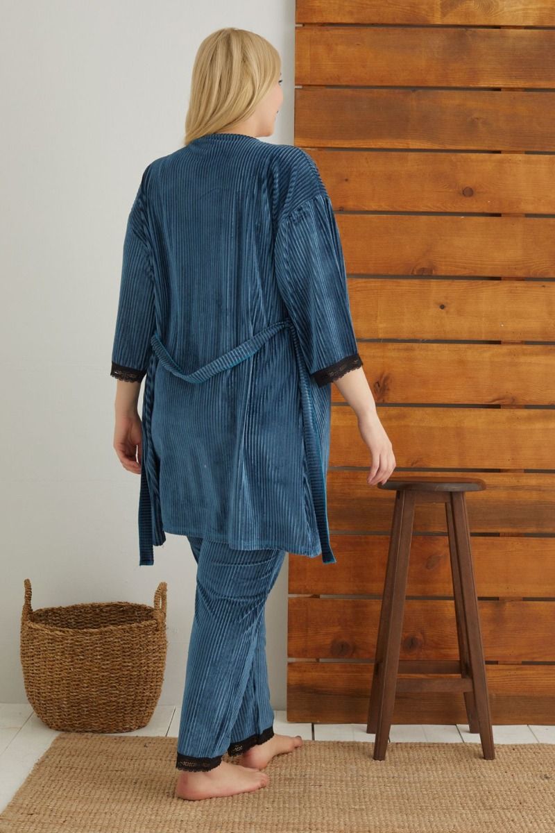 Γυναικεία velvet πιτζάμα plus size με ρόμπα "siyah inci" PETROL