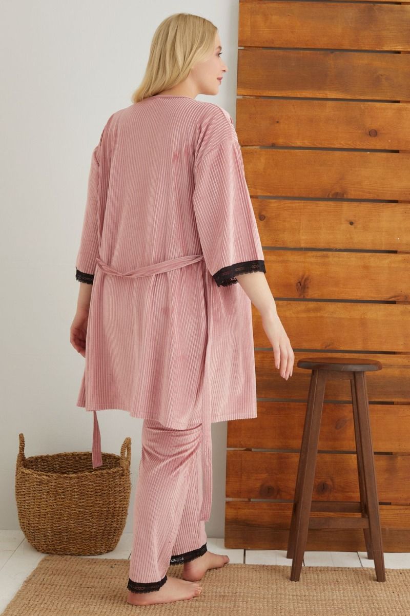 Γυναικεία velvet πιτζάμα plus size με ρόμπα siyah inci PINK