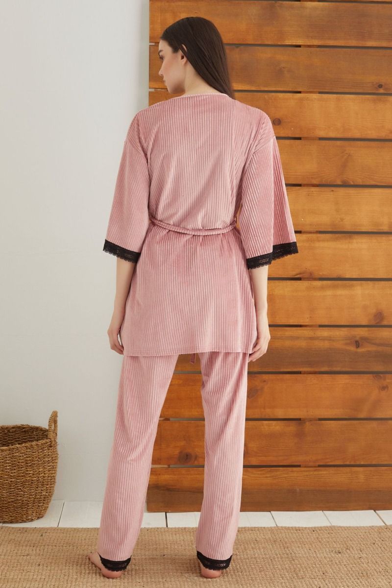 Γυναικεία velvet Πιτζάμα με Ρόμπα siyah inci PINK