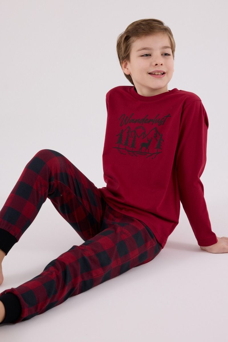 Αγορίστικη Χειμωνιάτικη Πιτζάμα μπορντό χρώμα καρό παντελόνι με λάστιχο