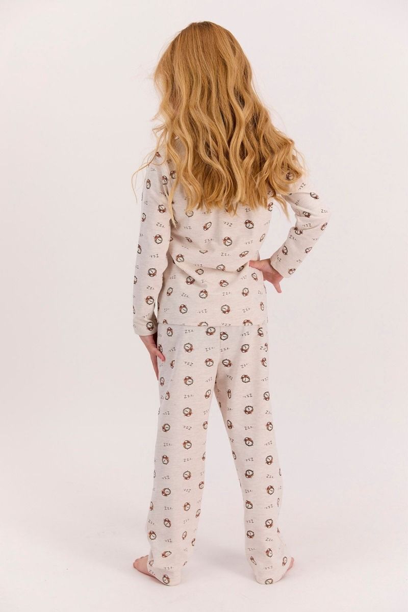 Χειμωνιάτικη παιδική πιτζάμα για κορίτσι με κουμπιά σχέδιο ξυπνητήρι