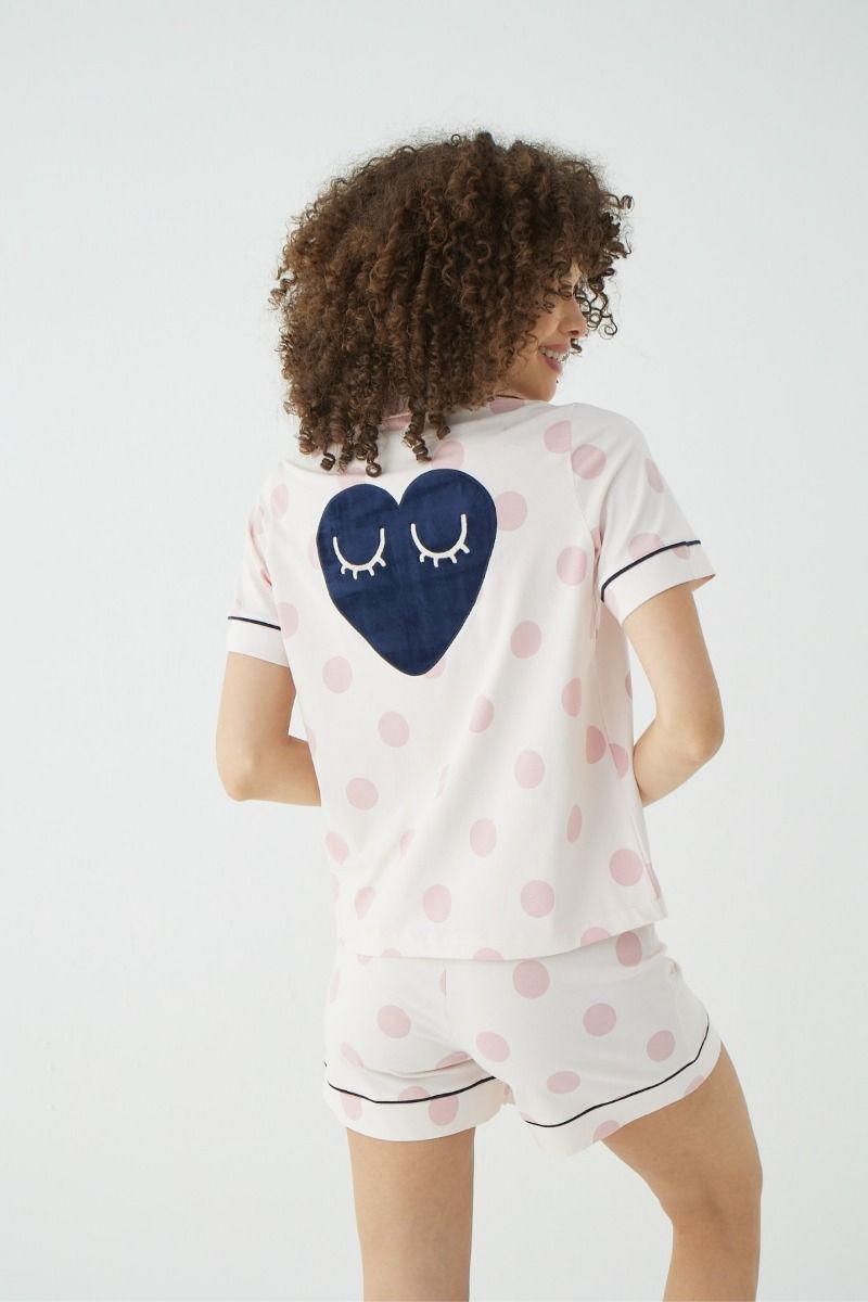 Γυναικεία Πιτζάμα Σορτσάκι ροζ πουά με βελούδινη καρδιά βαμβακερή