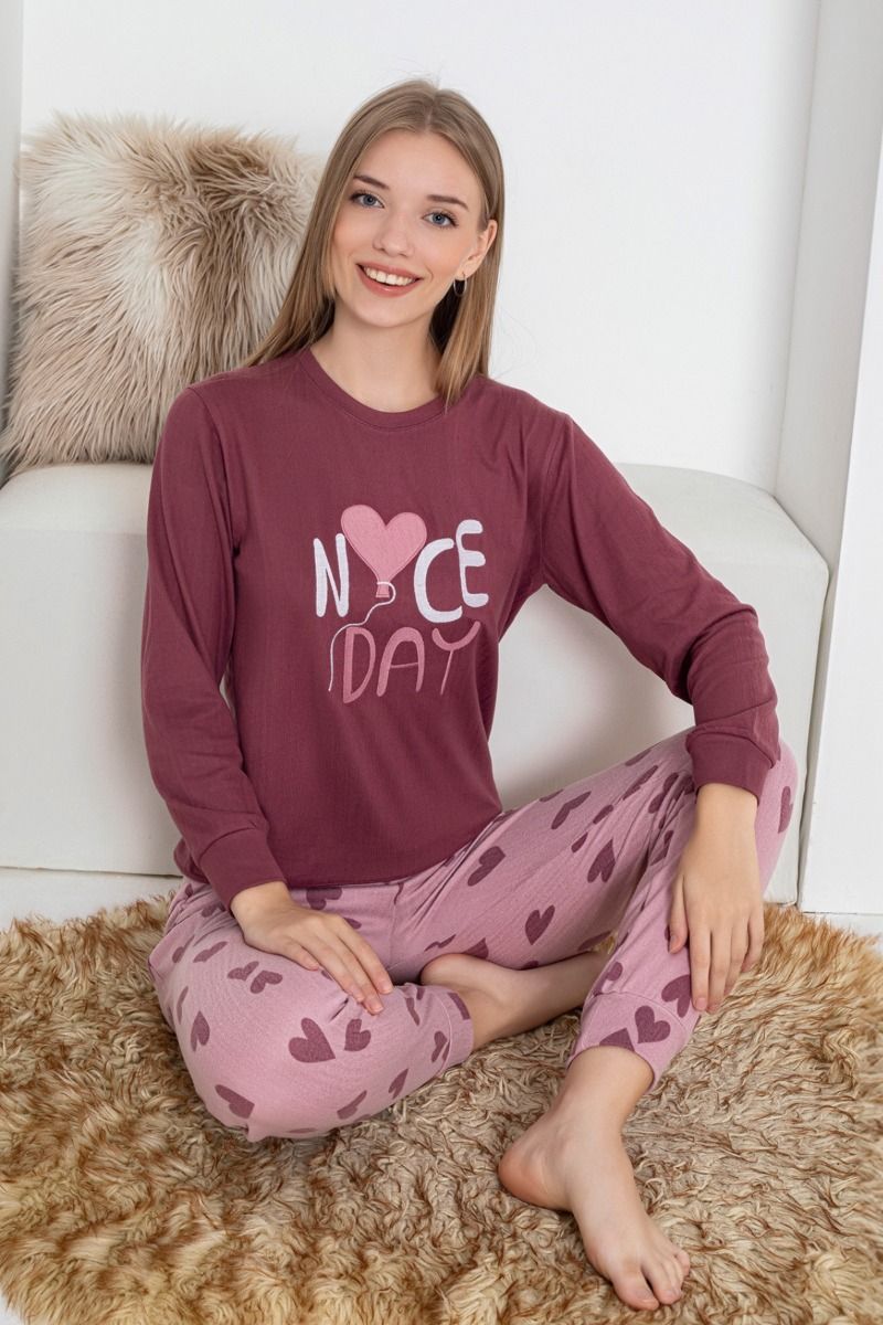 Γυναικεία Χειμωνιάτικη thermal Πιτζάμα "Pijamangel" μοβ με καρδούλες