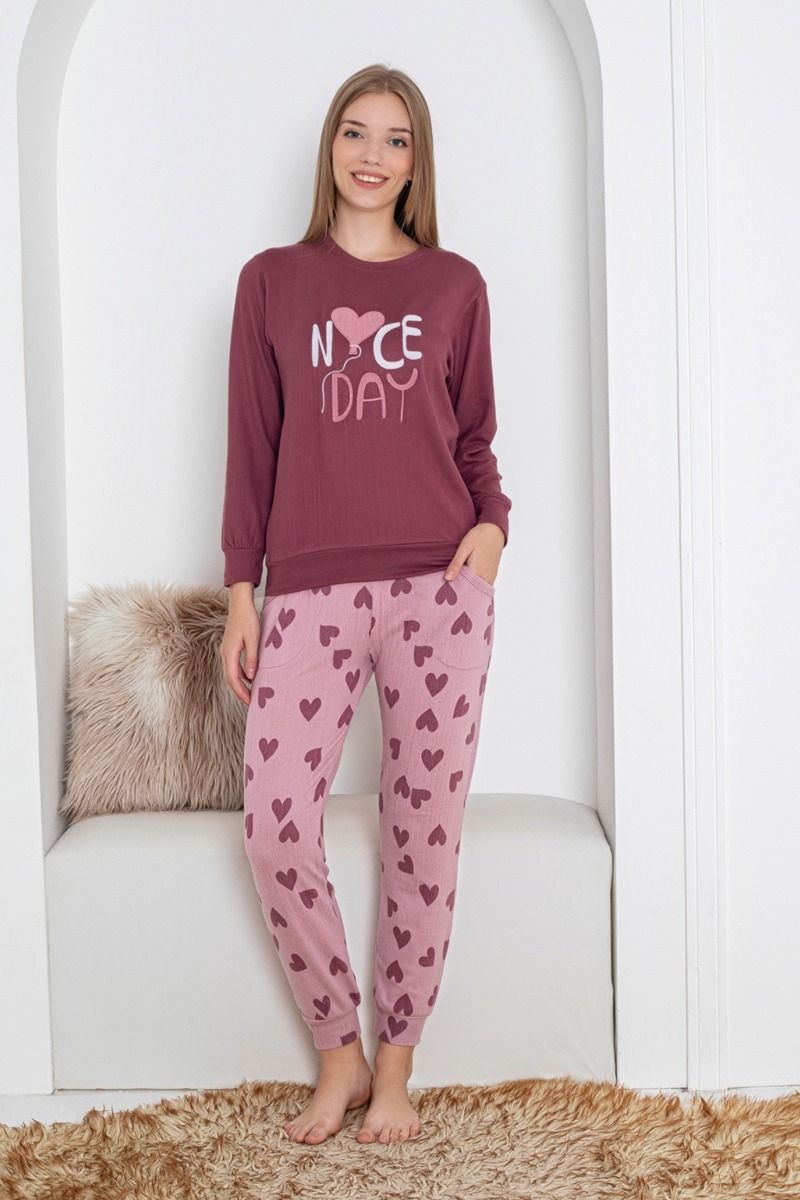 Γυναικεία Χειμωνιάτικη thermal Πιτζάμα "Pijamangel" μοβ με καρδούλες