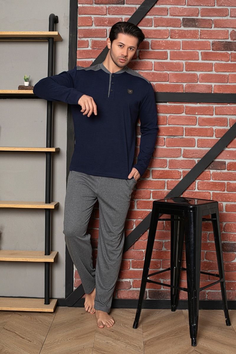 Ανδρική πιτζάμα χειμωνιάτικη Pijamangel Βαμβακερή μακρύ μανίκι τσέπες