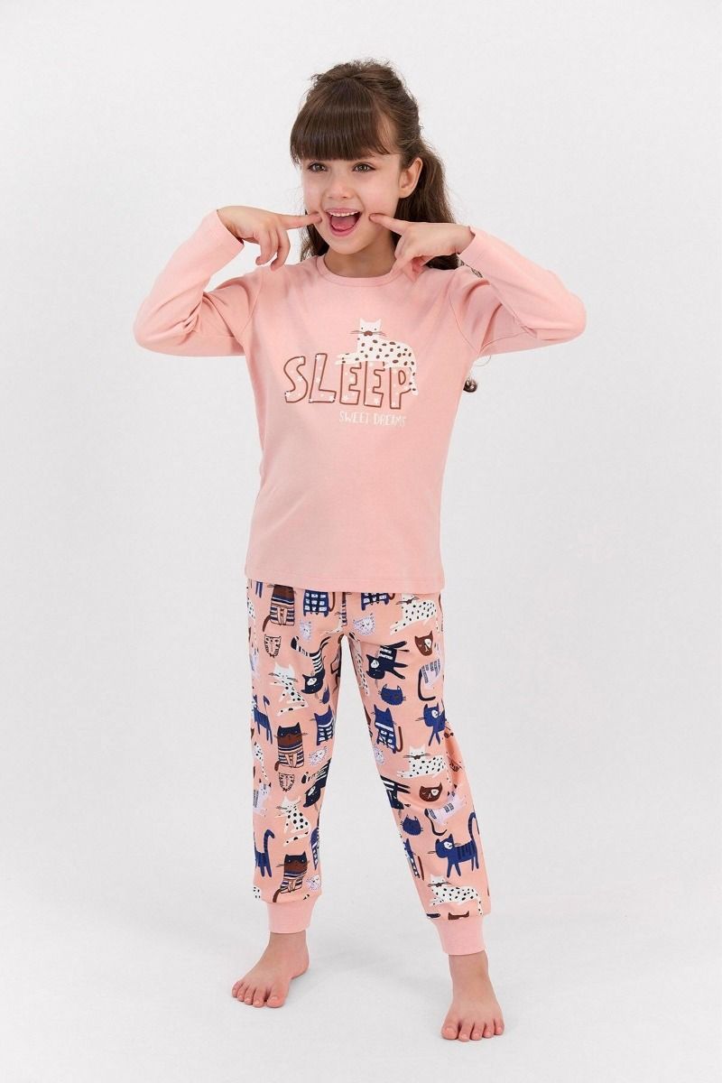 Κοριτσίστικη χειμωνιάτικη παιδική πιτζάμα μωβ με γάτες βαμβακερή