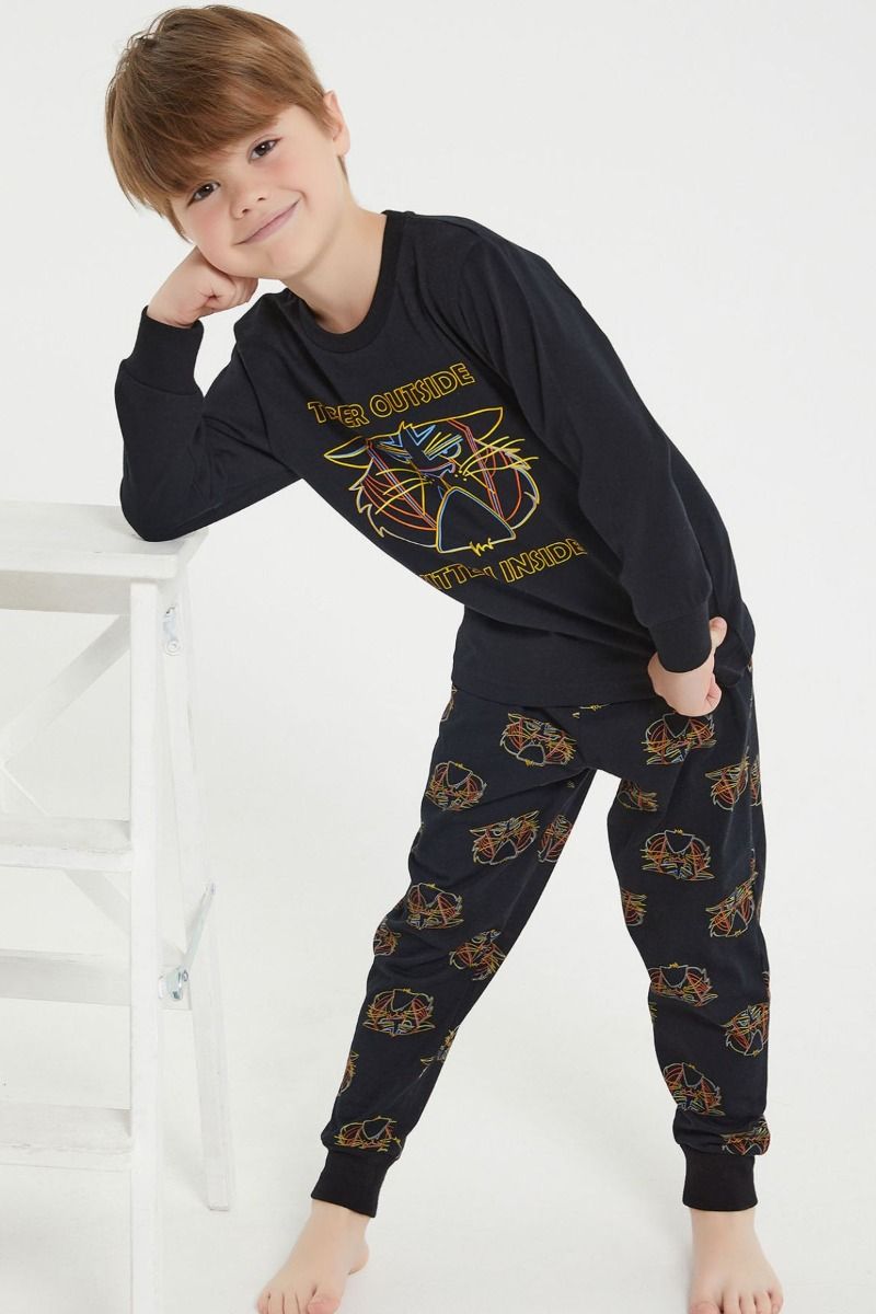 Αγορίστικη παιδική χειμωνιάτικη πιτζάμα βαμβακερή πετρόλ σχέδιο
