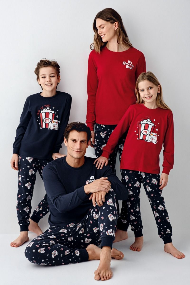 Κοριτσίστικη Πιτζάμα χειμωνιάτικη κόκκινο με μπλε και σχέδιο pop-corn