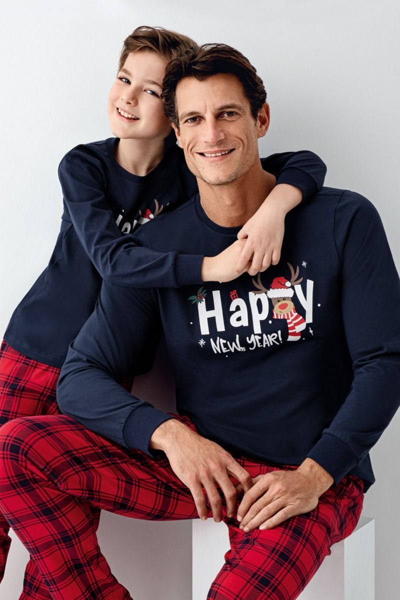 Αγορίστικη Πιτζάμα μπλε και κόκκινο παντελόνι καρό με λάστιχο χριστουγεννιάτικη