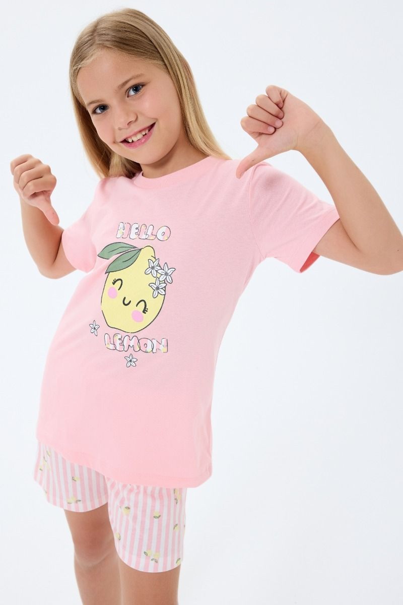 Κοριτσίστικη Πιτζάμα Σορτσάκι ριγέ με λεμόνια στάμπα με γκλίτερ