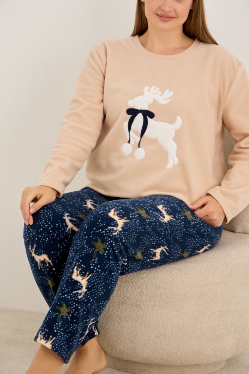 Γυναικεία Πιτζάμα Plus Size Fleece μπλε με μπεζ και ταράνδους