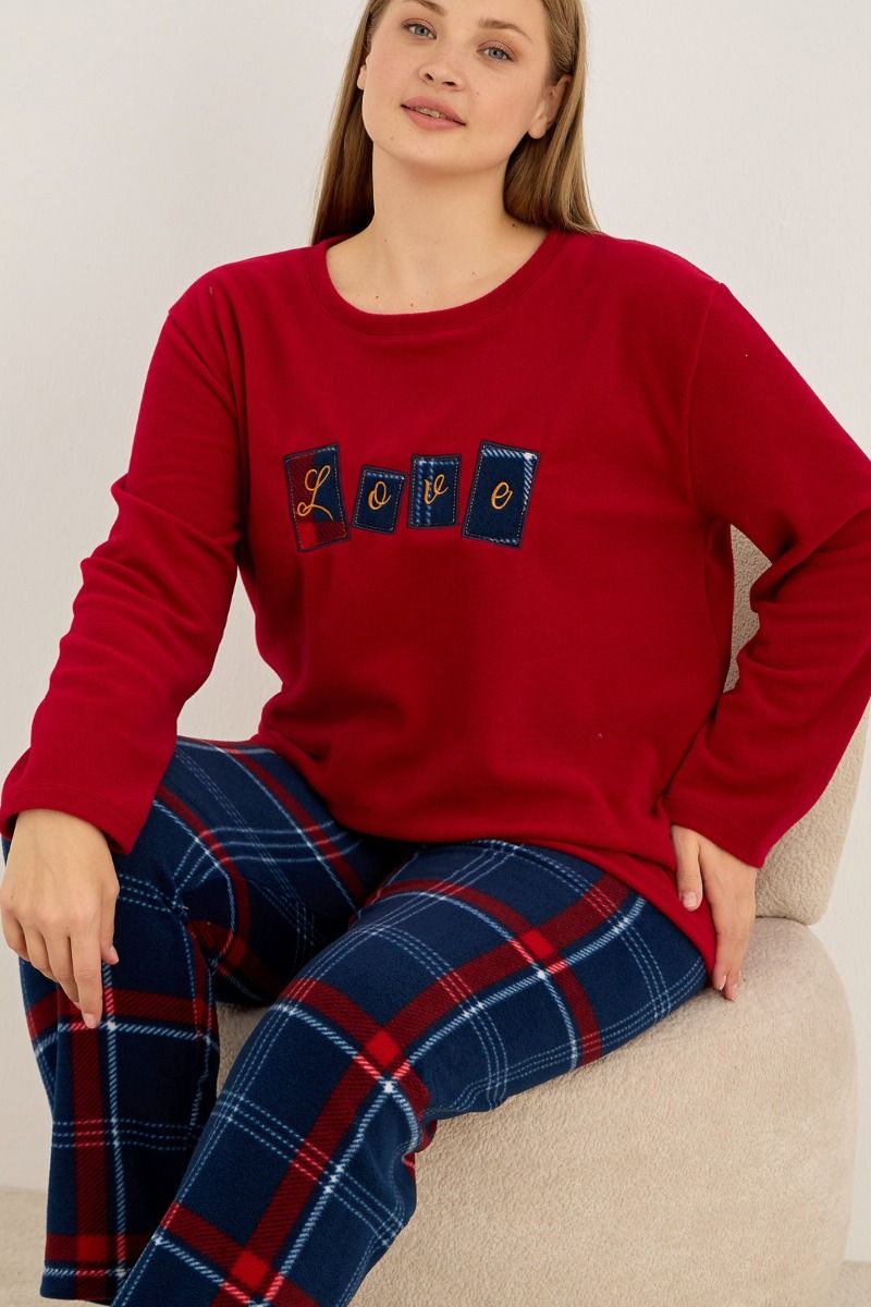 Γυναικεία Πιτζάμα Plus Size Fleece μπορντό με μπλε καρό