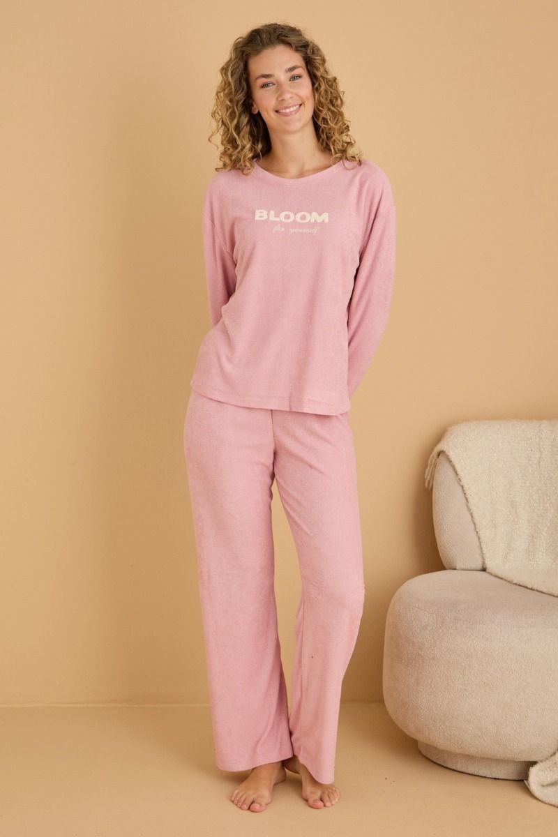 Γυναικεία Πιτζάμα homewear χειμωνιάτικη ροζ πετσετέ παντελόνι καμπάνα