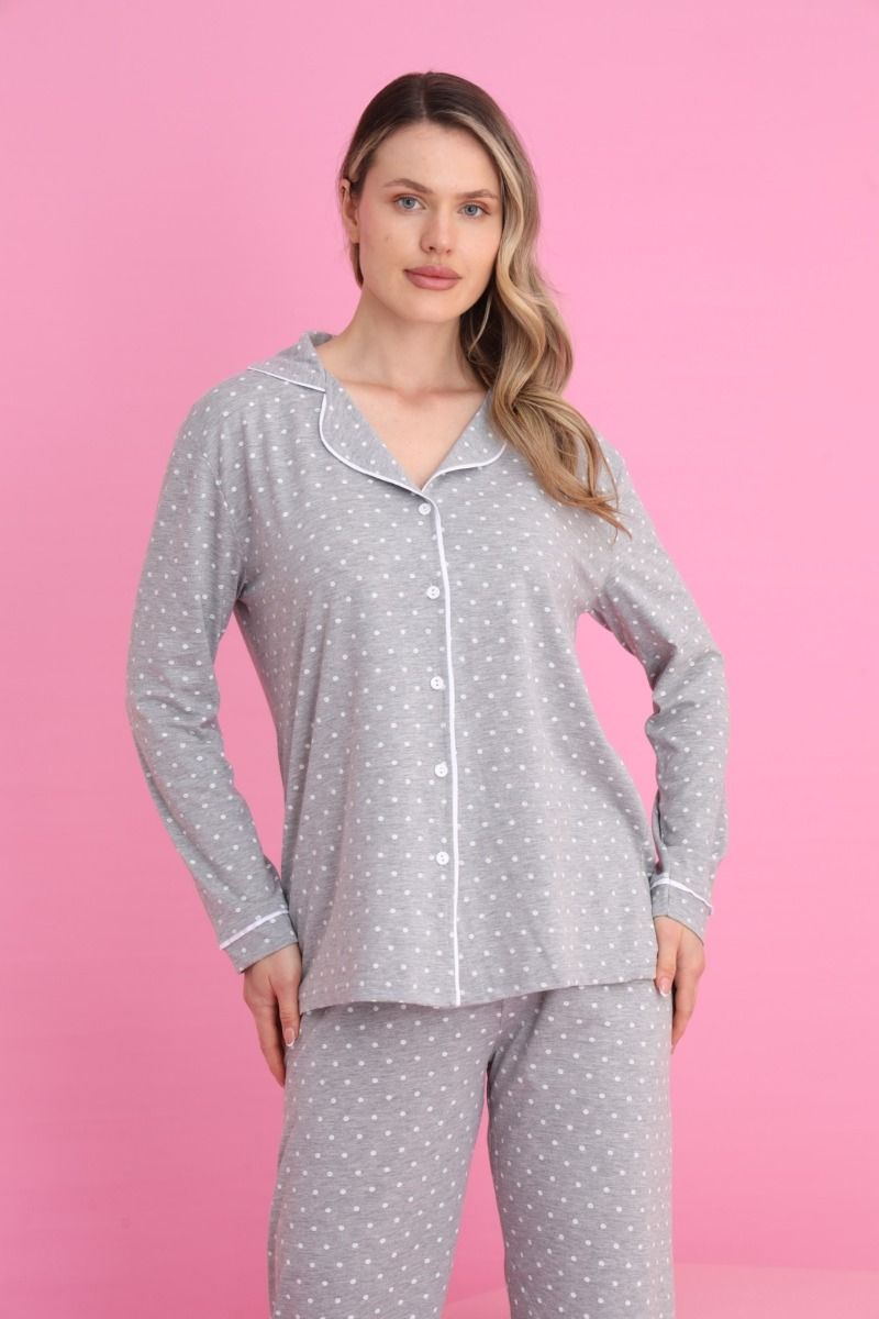 Γυναικεία Μακρυμάνικη Πιτζάμα "siyah inci" γκρι πουά με κουμπιά
