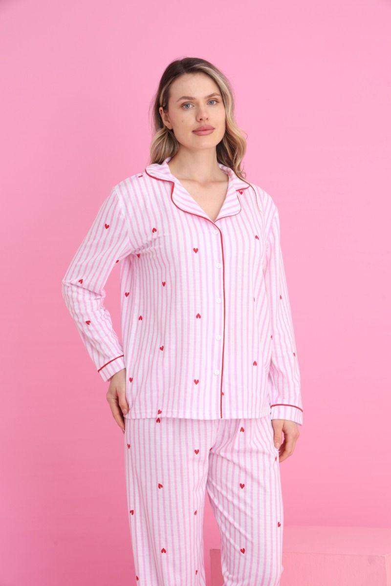 Γυναικεία Μακρυμάνικη Πιτζάμα "siyah inci" με κουμπιά ροζ ριγέ