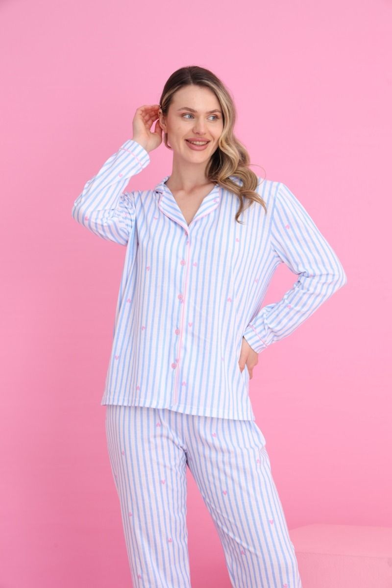 Γυναικεία Μακρυμάνικη Πιτζάμα "siyah inci" με κουμπιά γαλάζια ριγέ