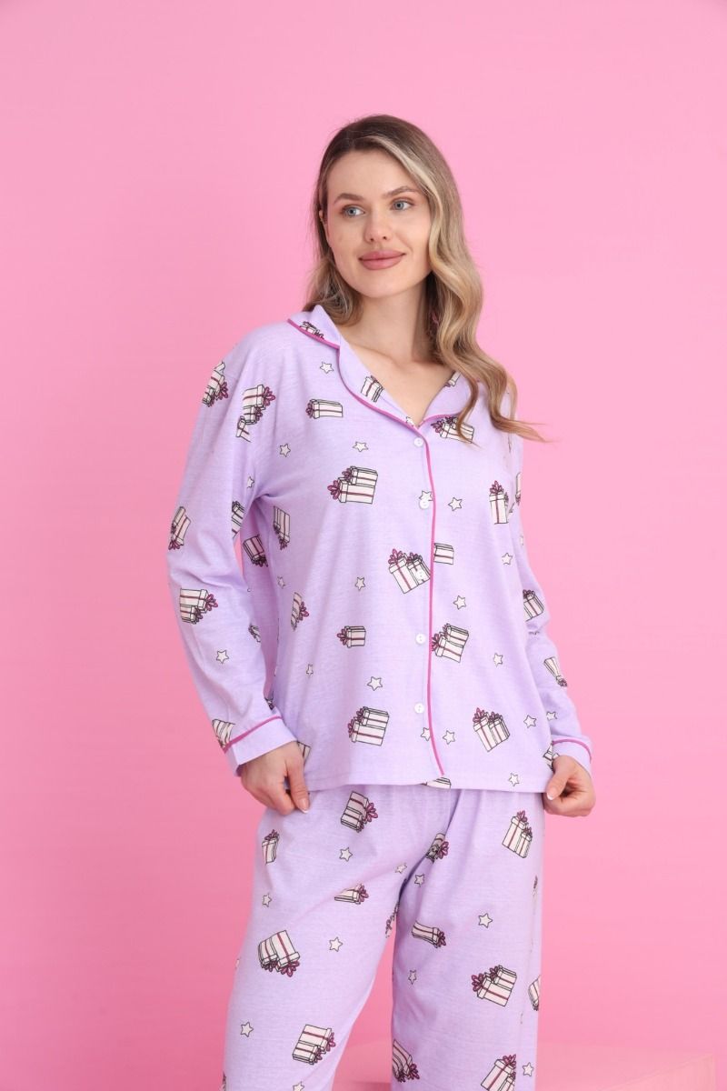 Γυναικεία Μακρυμάνικη Πιτζάμα "siyah inci" με κουμπιά λιλά σχέδια