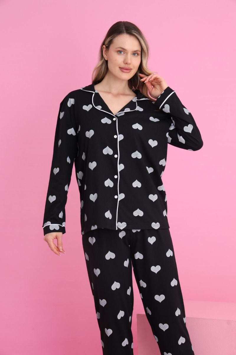 Γυναικεία Μακρυμάνικη Πιτζάμα "siyah inci" κουμπιά μαύρη με καρδιές