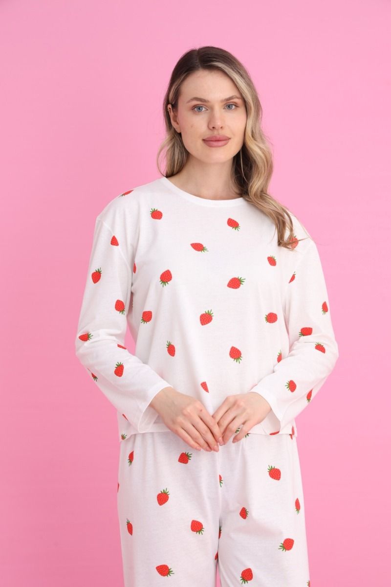 Γυναικεία Μακρυμάνικη Πιτζάμα "siyah inci" λευκό χρώμα με καρδούλες