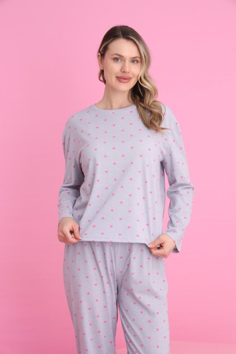 Γυναικεία Μακρυμάνικη Πιτζάμα "siyah inci" γκρι με ροζ καρδούλες