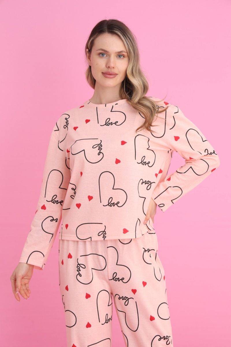 Γυναικεία Μακρυμάνικη Πιτζάμα "siyah inci" σομόν με σχέδια