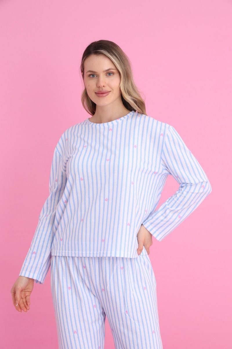 Γυναικεία Μακρυμάνικη Πιτζάμα "siyah inci" ριγέ γαλάζια με καρδούλες