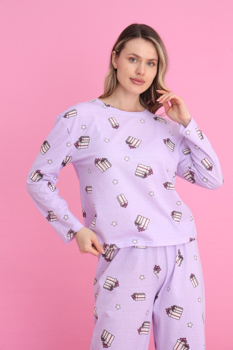 Γυναικεία Μακρυμάνικη Πιτζάμα "siyah inci" λιλά με σχέδια