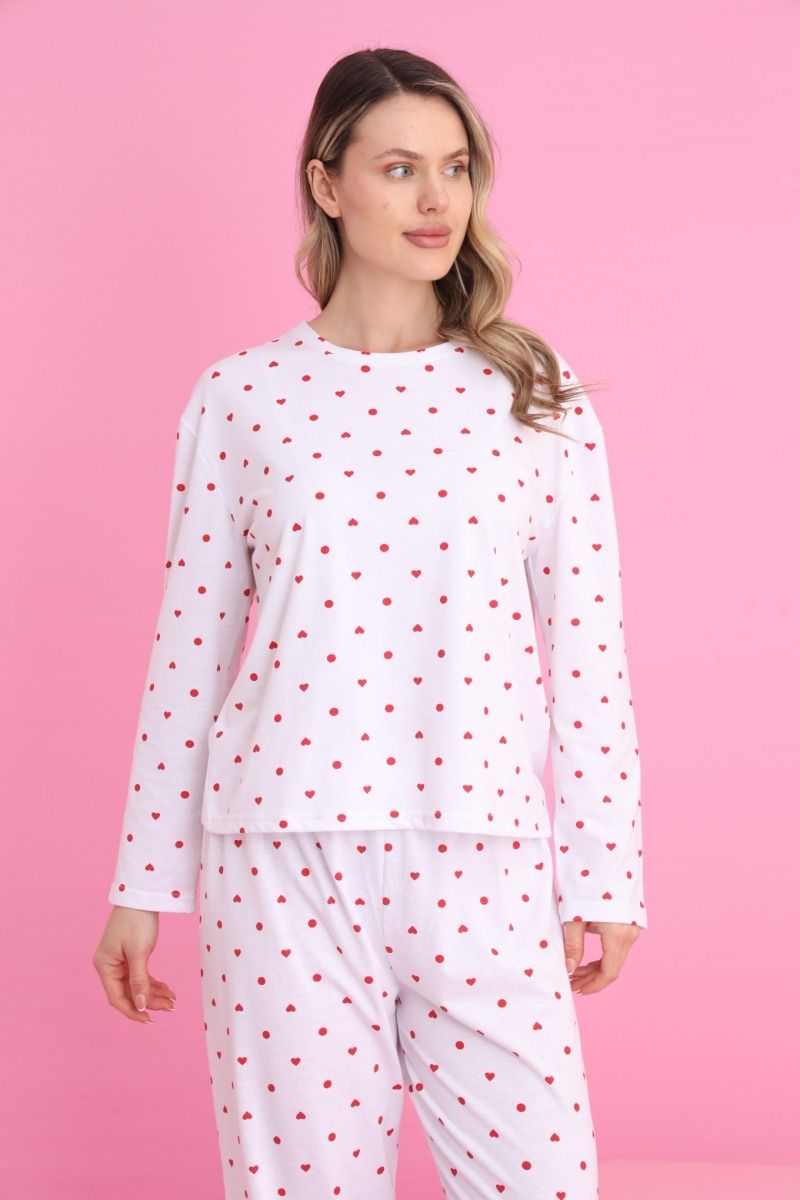 Γυναικεία Μακρυμάνικη Πιτζάμα "siyah inci" λευκή με κόκκινες καρδούλες