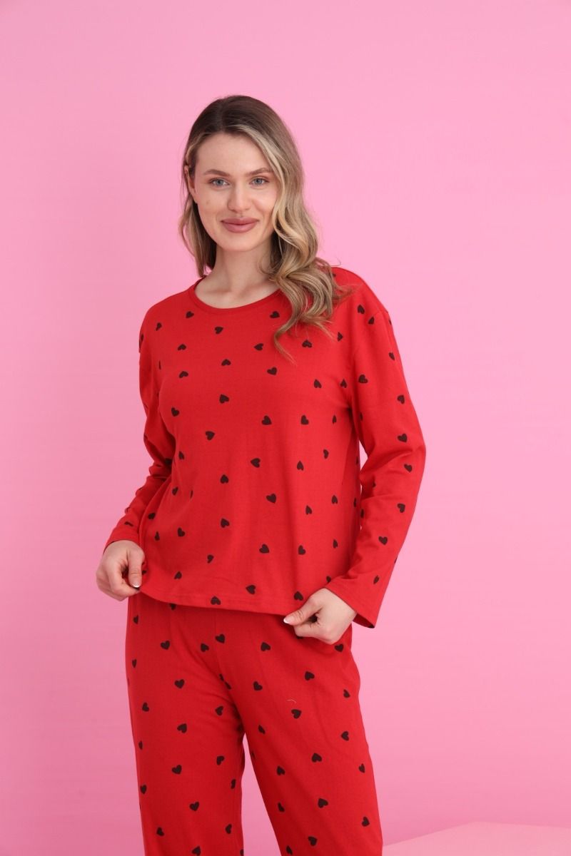 Γυναικεία Μακρυμάνικη Πιτζάμα "siyah inci" κόκκινη με μαύρες καρδούλες