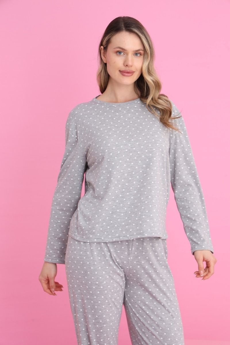Γυναικεία Μακρυμάνικη Πιτζάμα "siyah inci" πουά σε γκρι χρώμα