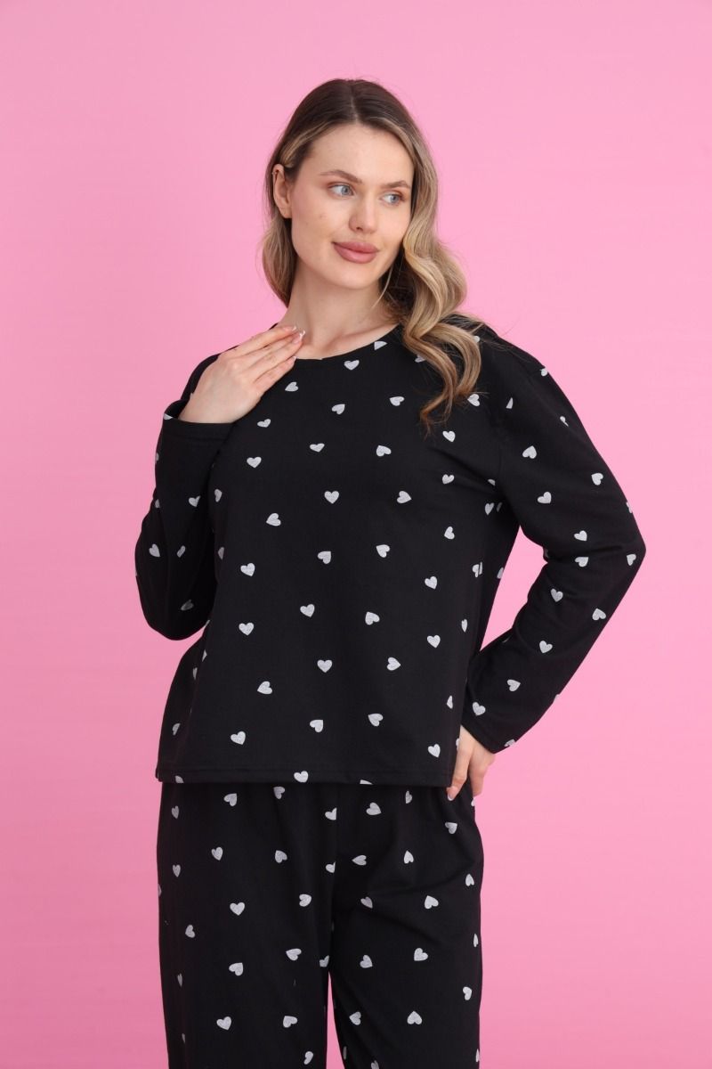 Γυναικεία Μακρυμάνικη Πιτζάμα "siyah inci" μαύρη με άσπρες καρδούλες