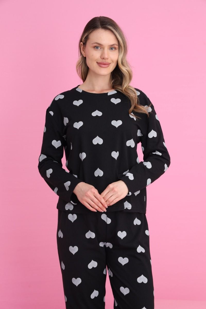 Γυναικεία Μακρυμάνικη Πιτζάμα "siyah inci" μαύρη με άσπρες καρδιές