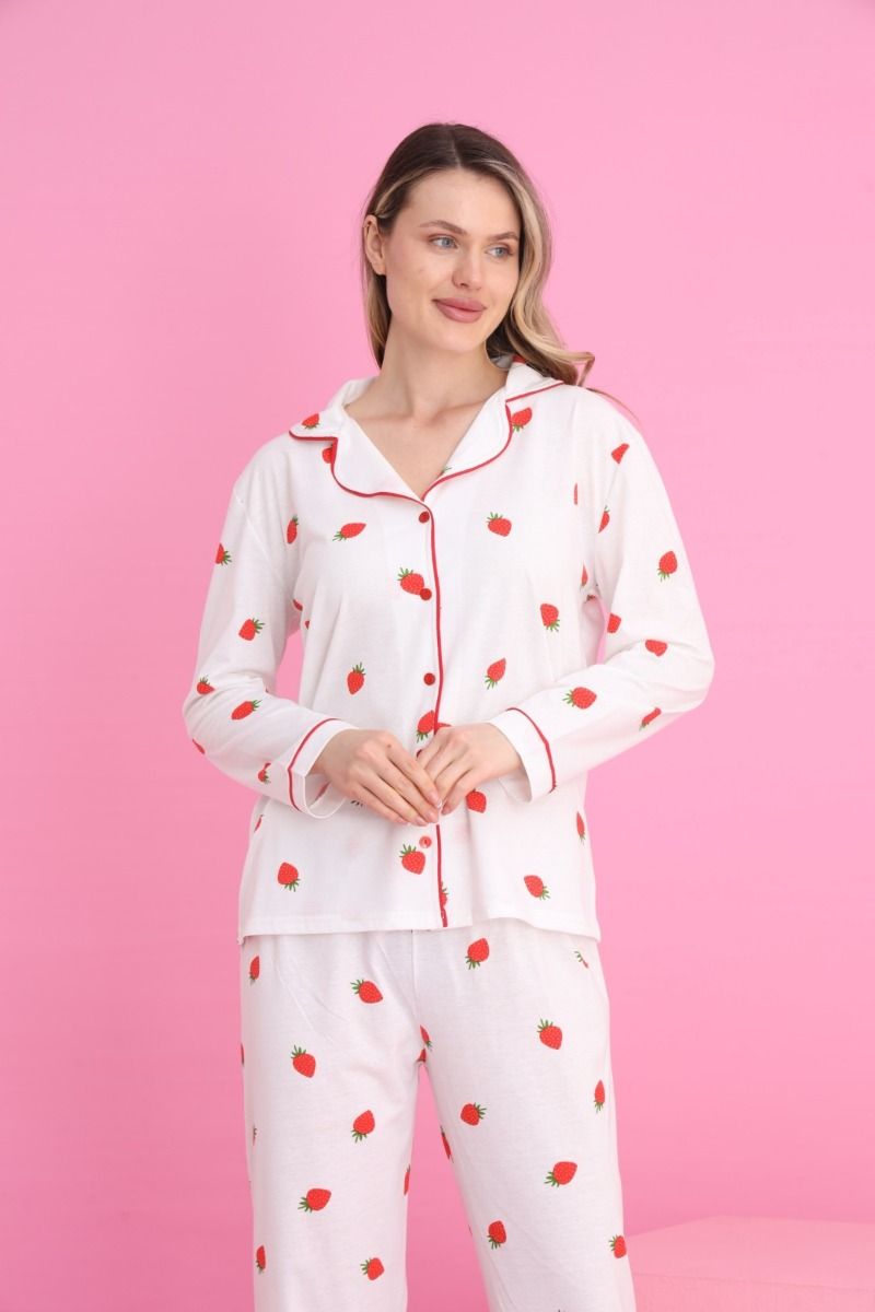 Γυναικεία Μακρυμάνικη Πιτζάμα με κουμπιά "siyah inci" σχέδιο φράουλες