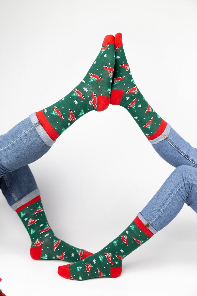 Γυναικείες Χριστουγεννιάτικες Κάλτσες πράσινο χρώμα με κόκκινο λάστιχο βαμβακερές