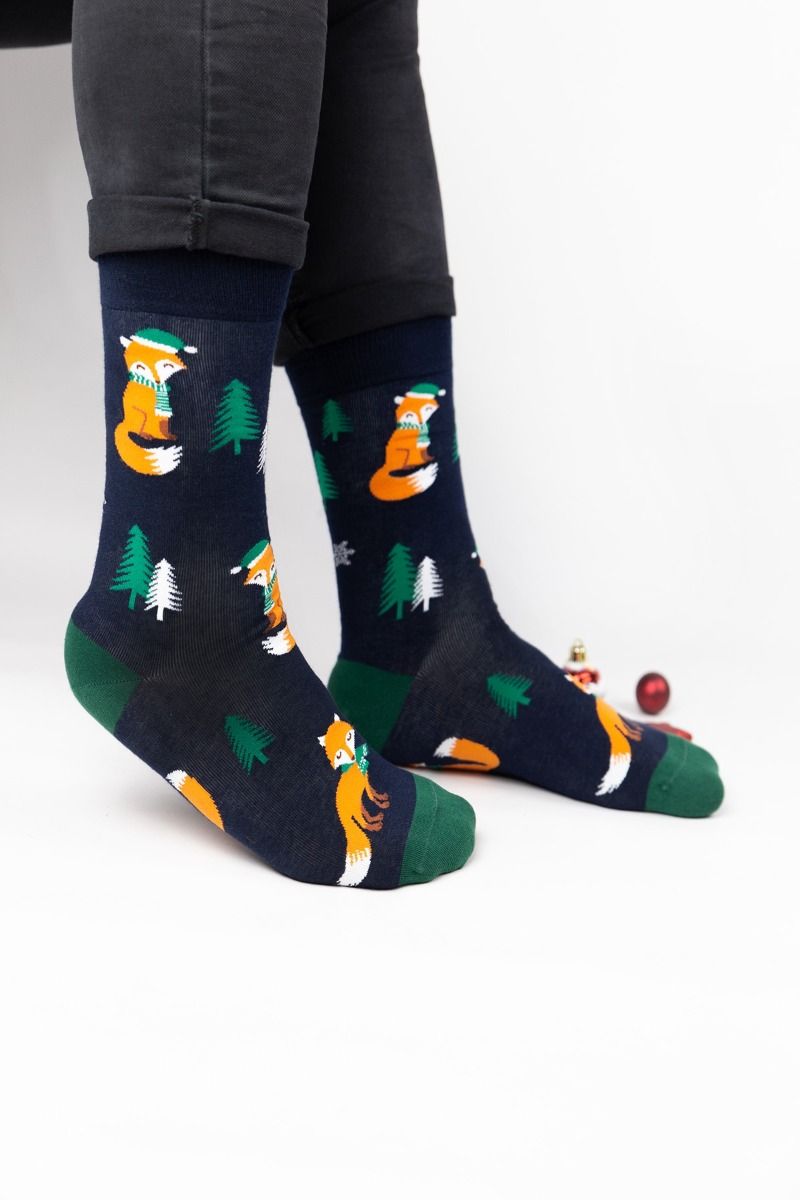 Ανδρικές Κάλτσες με χριστουγεννιάτικο σχέδιο με αλεπού μπλε χρώμα