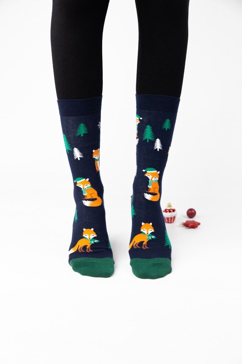 Γυναικείες Κάλτσες με χριστουγεννιάτικο σχέδιο με αλεπού μπλε χρώμα