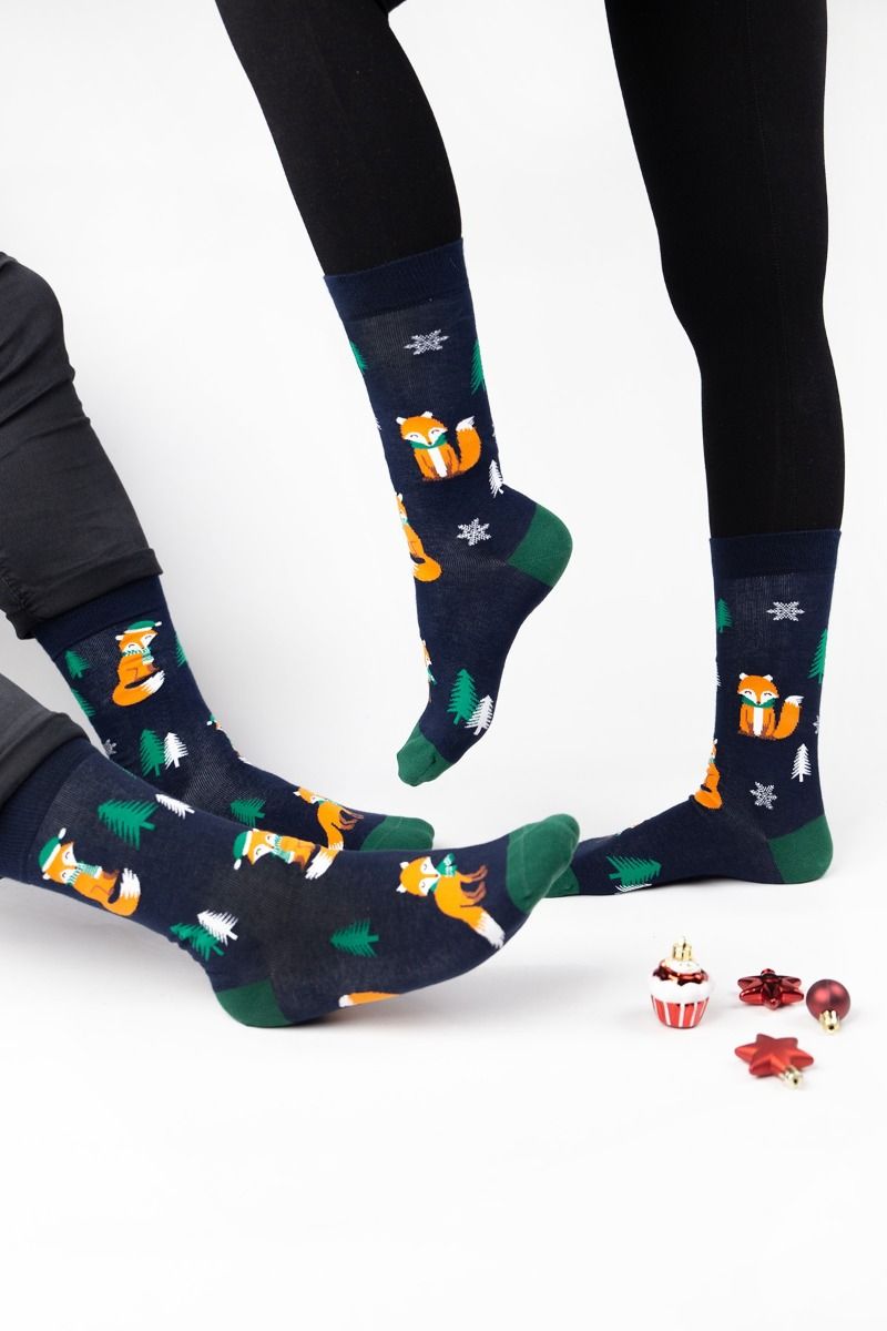 Γυναικείες Κάλτσες με χριστουγεννιάτικο σχέδιο με αλεπού μπλε χρώμα