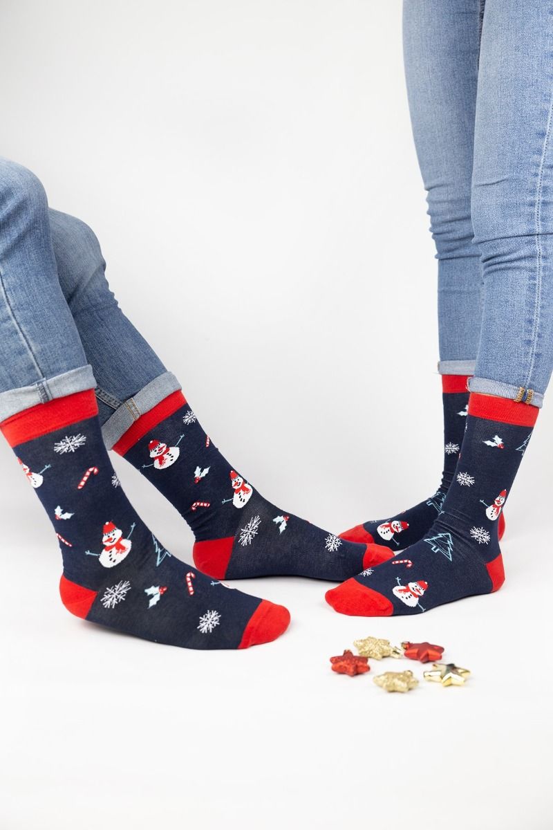 Ανδρικές Κάλτσες μπλε με κόκκινο χρώμα και σχέδιο χιονάνθρωπο βαμβακερές