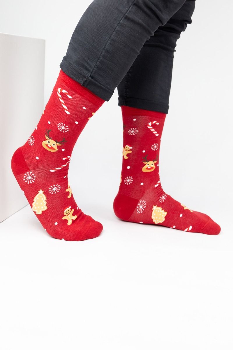 Ανδρικές Κάλτσες χριστουγεννιάτικες κόκκινο χρώμα με ταράνδους βαμβακερές