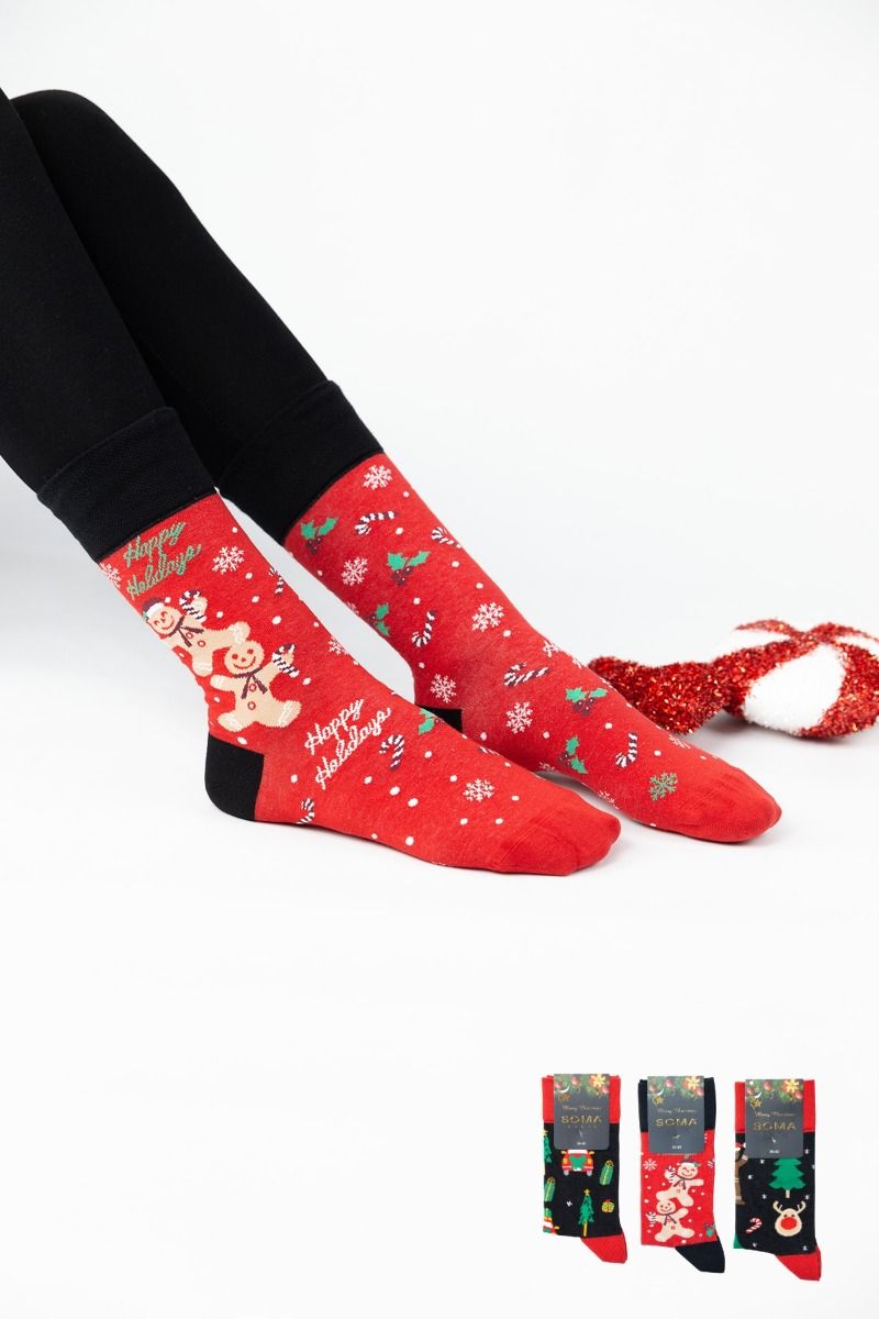 Γυναικείες Κάλτσες 3 ζευγάρια σε διαφορετικά σχέδια χριστουγεννιάτικες βαμβακερές