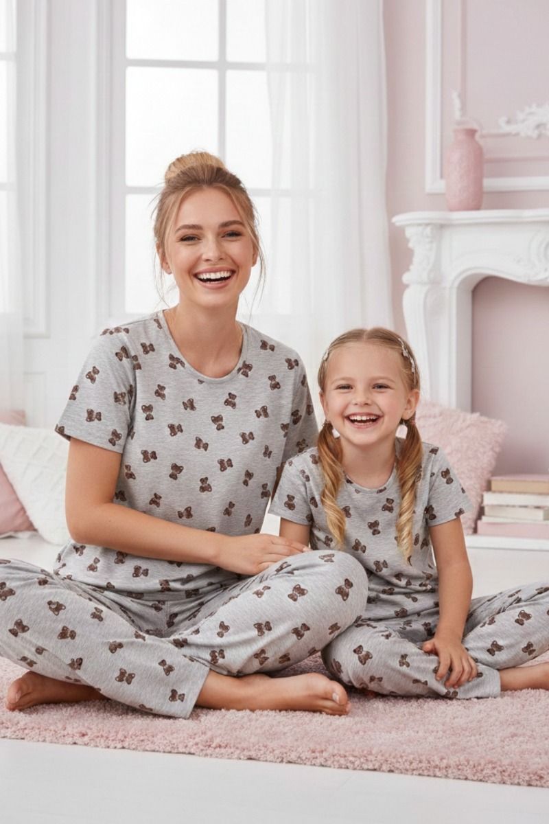 Γυναικεία Πιτζάμα καλοκαιρινή κοντομάνικη γκρι με καφέ αρκουδάκια