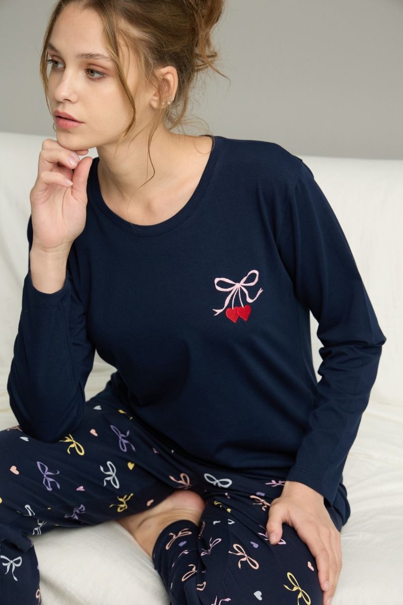 Γυναικεία Πιτζάμα μακρυμάνικη "Sexen" μπλε με πολύχρωμα φιογκάκια