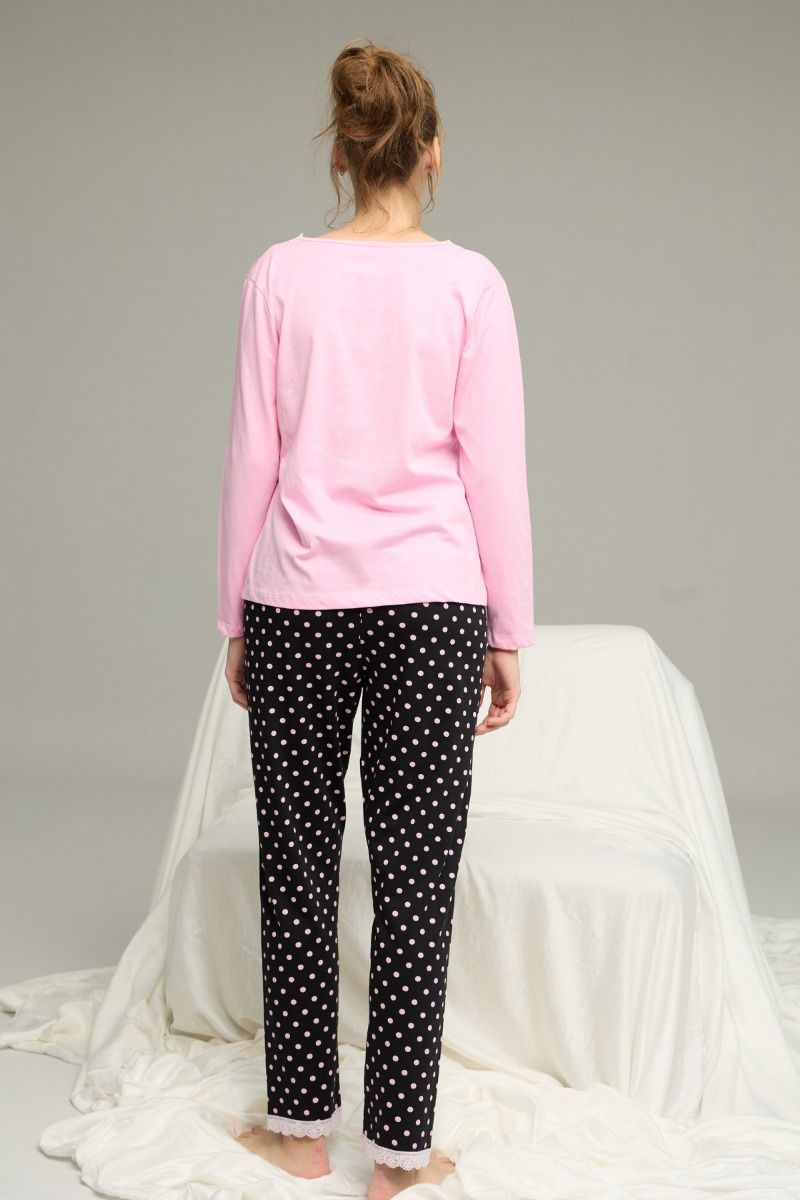 Γυναικεία Πιτζάμα μακρυμάνικη "Sexen" V λαιμόκοψη με δαντέλα ροζ