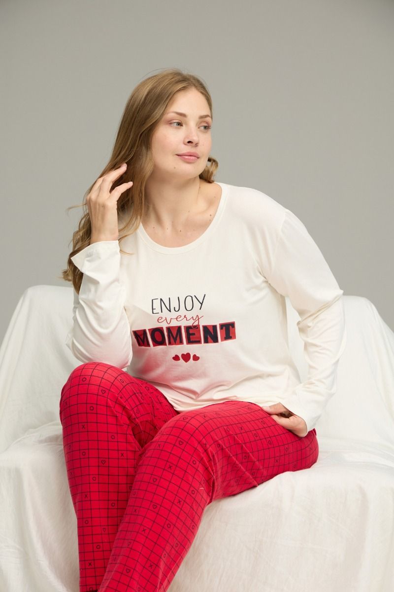 Γυναικεία Πιτζάμα Plus Size μακρυμάνικη "Sexen" κόκκινο χρώμα με σχέδιο