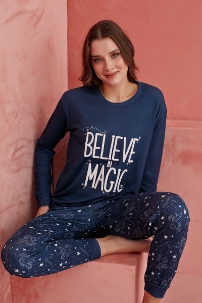 Γυναικεία Πιτζάμα χειμωνιάτικη μπλε χρώμα μακρυμάνικη σχέδιο μονόκερος αστεράκια
