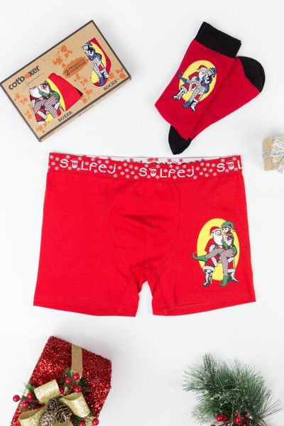 Ανδρικό χριστουγεννιάτικο σετ boxer και κάλτσα Solfej SUGAR SANTA