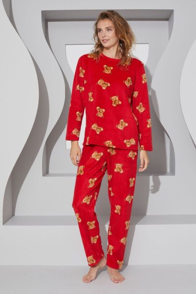 Γυναικεία πιτζάμα fleece κόκκινη με αρκουδάκια χειμωνιάτικη