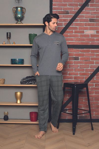 Ανδρική πιτζάμα χειμωνιάτικη καρό βαμβακερή σκούρο γκρι