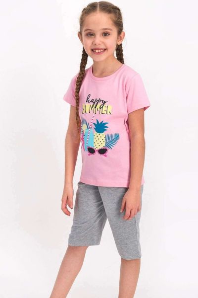 Καλοκαιρινή κοριτσίστικη παιδική πιτζάμα ροζ χρώμα με τροπικά σχέδια